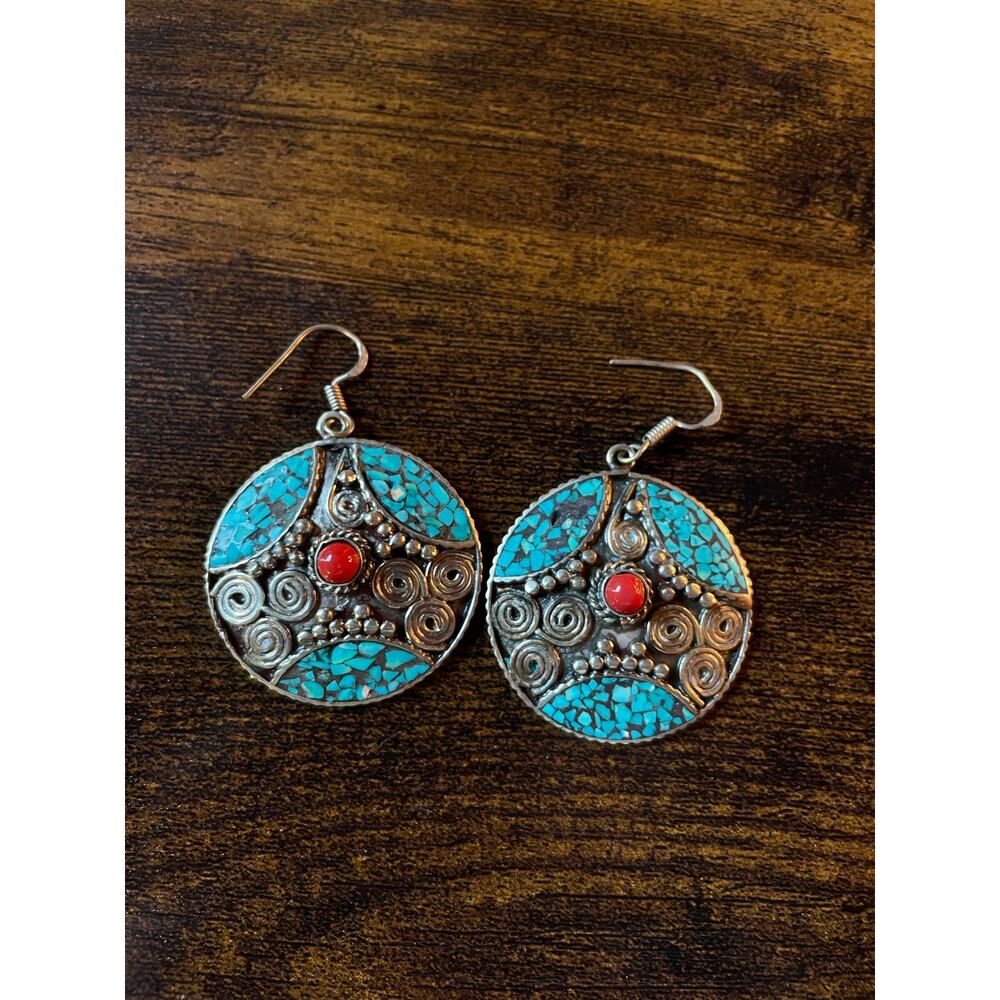 Vintage Tibetan-Style Dangle Earrings with Inlaid Turquoise Chip and Coral